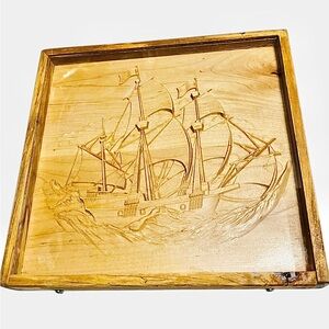 Vintage Carved Wood Sailing Ship Framed Picture